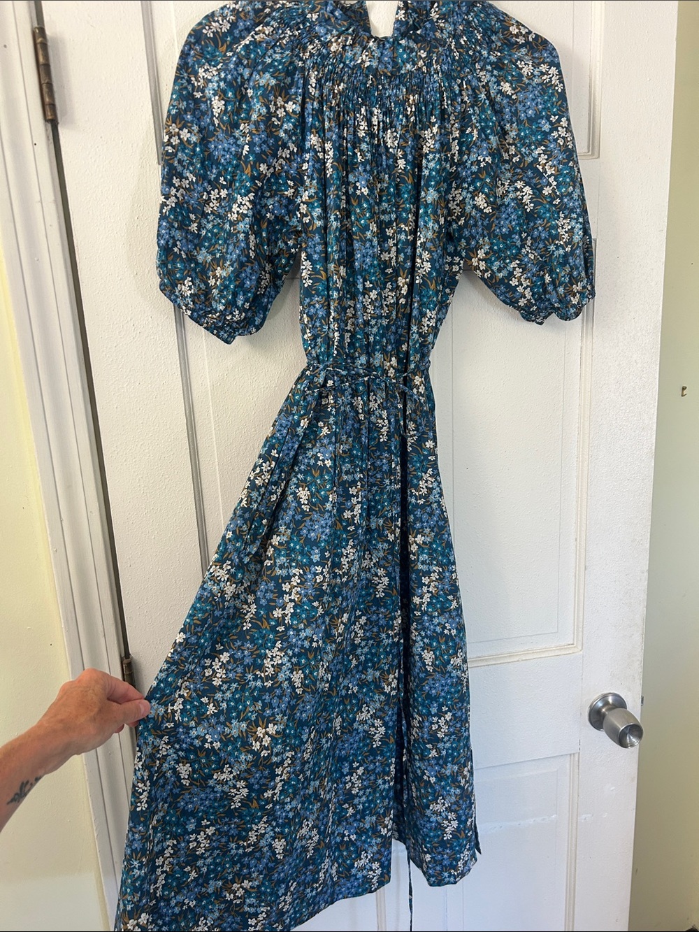 Blue Floral Midi Dress with Smocked Bodice and Puff Sleeves